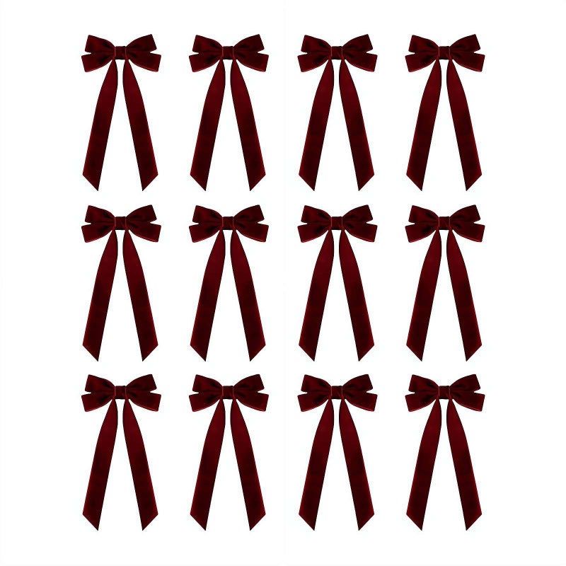 12 قطعة من bows المخملية الحمراء لشجرة عيد الميلاد، زينة مخملية معلقة لعيد الميلاد، bows شريط عيد الميلاد لتزيين شجرة عيد الميلاد، زينة حفلات العطلات - Image 1